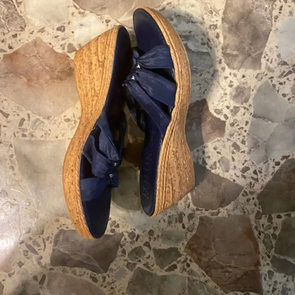 Italian Shoemaker Cork Wedge Navy Blue sandals, size 9